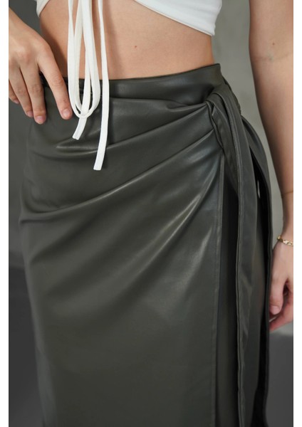 Kuşaklı Uzun Deri Etek Haki H26414