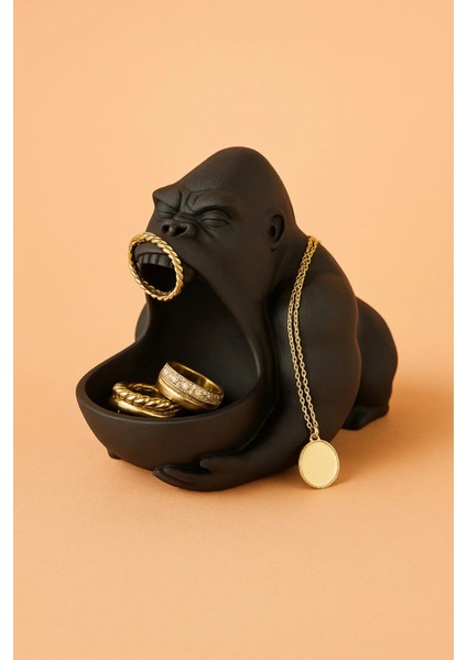 Mat Siyah Goril Figürlü Takı Organizer, Yüzük Standı, Kolye ve Bileklik Düzenleyici, Dekoratif Obje
