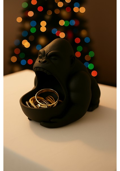 Mat Siyah Goril Figürlü Takı Organizer, Yüzük Standı, Kolye ve Bileklik Düzenleyici, Dekoratif Obje