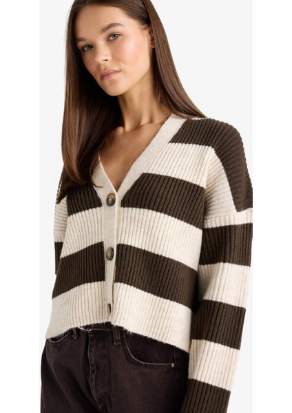 Regular Fit V Yaka Çizgili Düğmeli Hırka A2416AX25WN