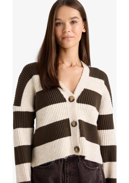 Regular Fit V Yaka Çizgili Düğmeli Hırka A2416AX25WN