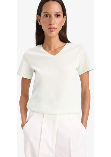 Slim Fit Dar Kesim V Yaka Basic Düz Ribana Kısa Kollu Tişört I1080AZ25SP