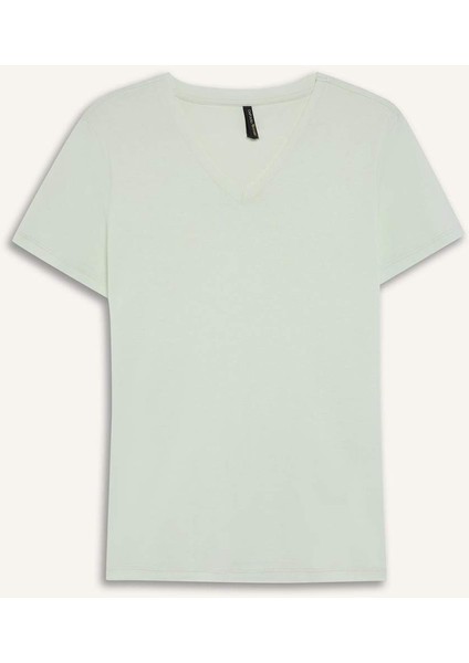 Slim Fit Dar Kesim V Yaka Basic Düz Ribana Kısa Kollu Tişört I1080AZ25SP