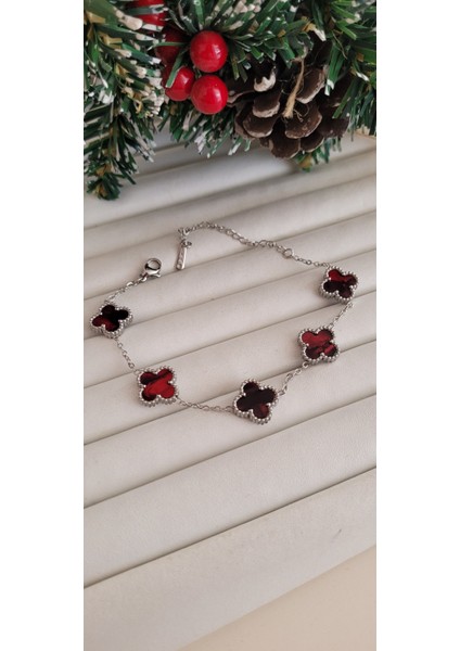 Çelik Kırmızı Mineli Gümüş Yonca Bileklik