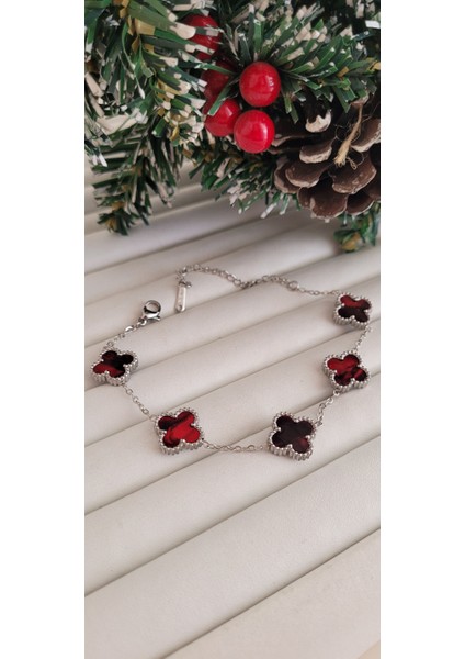 Çelik Kırmızı Mineli Gümüş Yonca Bileklik fiyatları