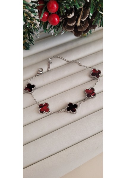 Çelik Kırmızı Mineli Gümüş Yonca Bileklik modelleri