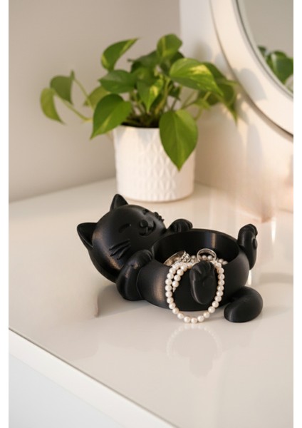 Dekoratif Kedi Organizer Biblo Yüzük Takı Tabağı Anahtarlık Masaüstü Düzenleyici Beyaz Siyah