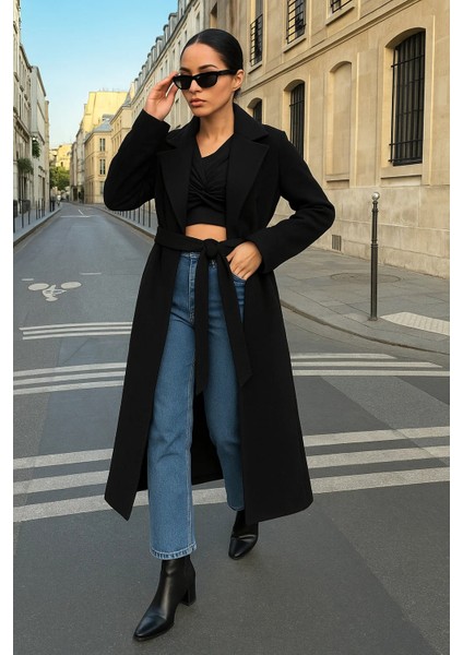 Kadın Trend Basic Uzun Kruvaze Siyah Kaşe Kaban