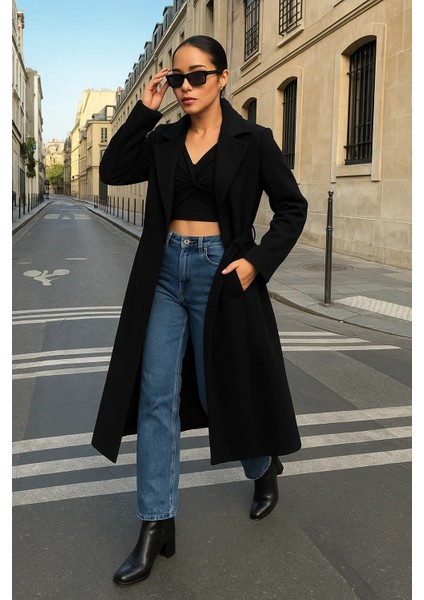 Kadın Trend Basic Uzun Kruvaze Siyah Kaşe Kaban fiyatları