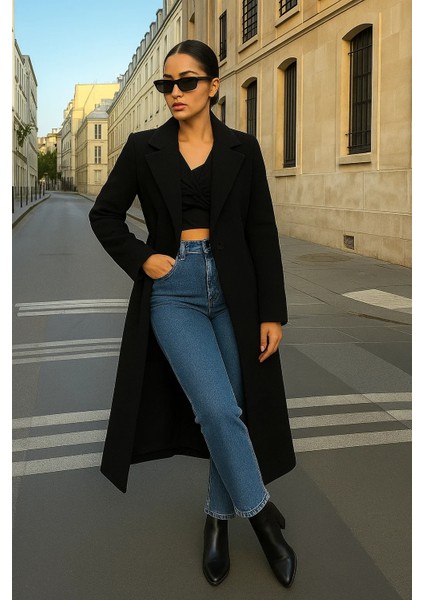 Kadın Trend Basic Uzun Kruvaze Siyah Kaşe Kaban modelleri