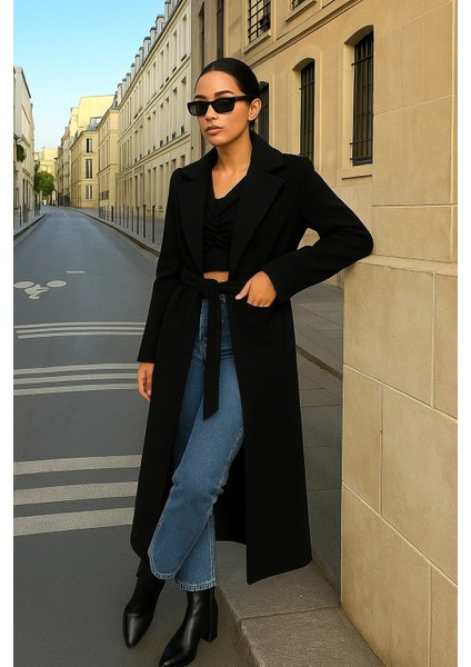 Kadın Trend Basic Uzun Kruvaze Siyah Kaşe Kaban fırsatları