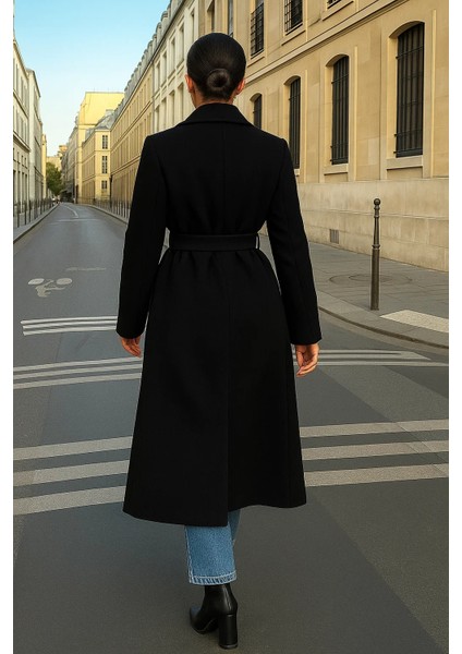 Kadın Trend Basic Uzun Kruvaze Siyah Kaşe Kaban