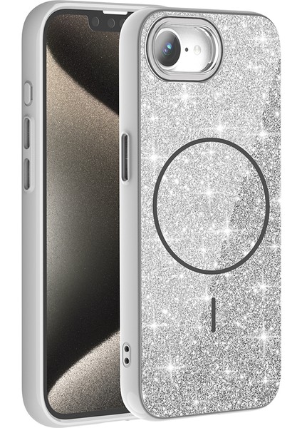 Apple iPhone 16E Kılıf M-Safe Şarj Özellikli Parlayan Simli Zore Okso Kapak