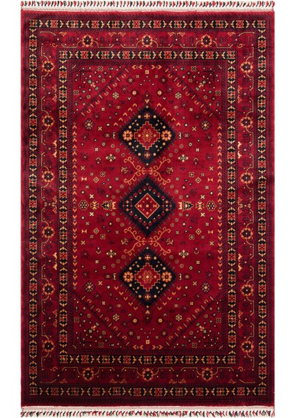 Historic 961 Red Afgan Desenli El Emeği ile Özel Tezgahlarda Üretilen Tencel Uşak Halısı