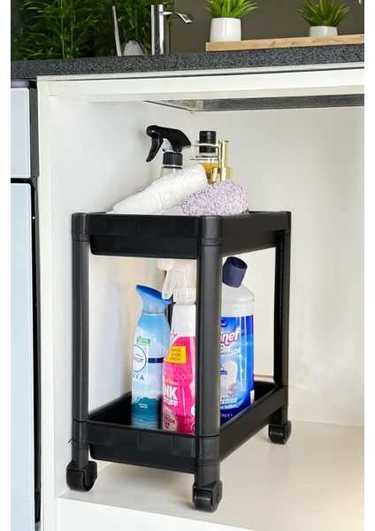 2 Katlı Tekerlekli Düzenleyici Raf, Banyo Dolabı, Mutfak Tezgah ve Evye Altı Siyah