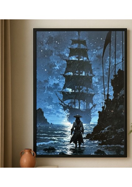 Korsan ve Yelkenli Gece Manzarası Duvar Tablosu (Çerçeveli)