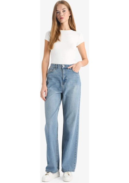 90's Wide Leg Yüksek Bel Uzun Jean Yıkamalı Pantolon