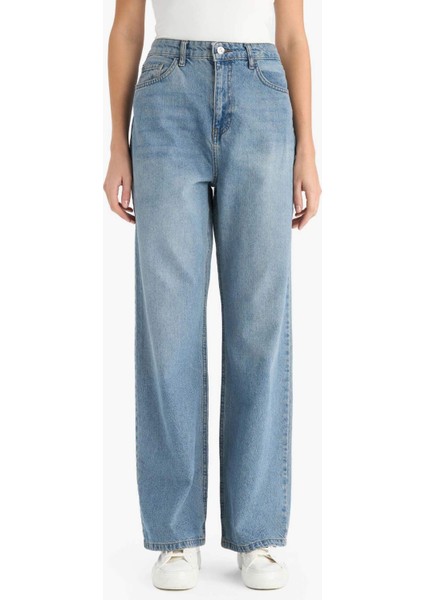 90's Wide Leg Yüksek Bel Uzun Jean Yıkamalı Pantolon