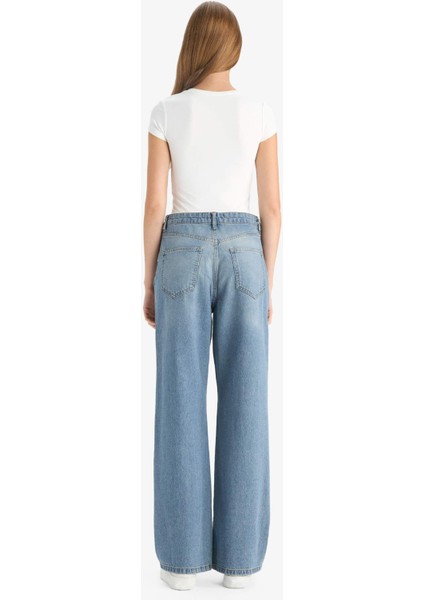 90's Wide Leg Yüksek Bel Uzun Jean Yıkamalı Pantolon