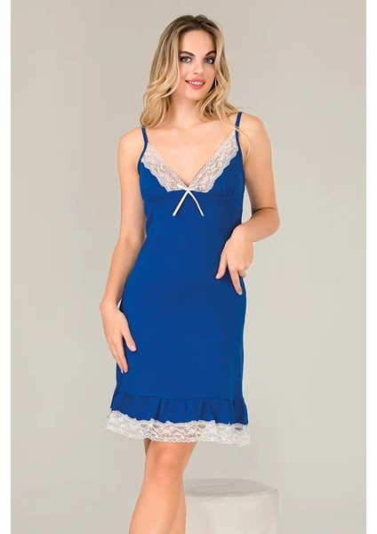 Lady Dantelli Saks Etekli Penye Gecelik