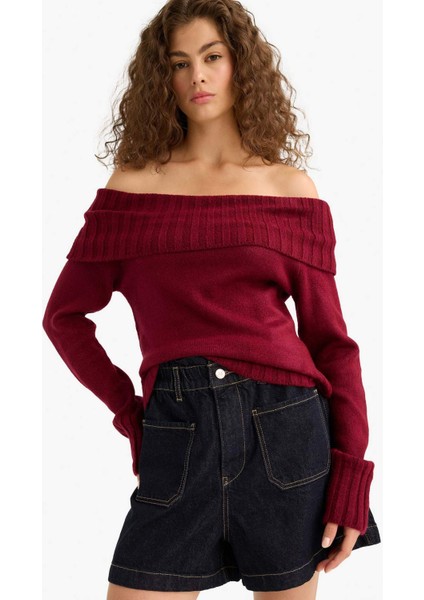 Slim Fit Dar Kesim Açık Omuz Triko Kazak E8345AX25WN