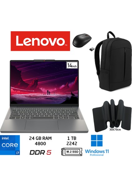 Ideapad Slim 3 Intel I7 13620H Ddr5 24GB 1tb W11PRO 14 Inç Wuxga Aydınlatmalı Klavye 83K0002ATR Duddi Çanta+Mouse+MousePad