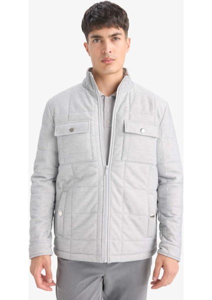 Slim Fit Dar Kesim Dik Yaka Astarlı Fermuarlı Cepli Kışlık Şişme Penye Mont