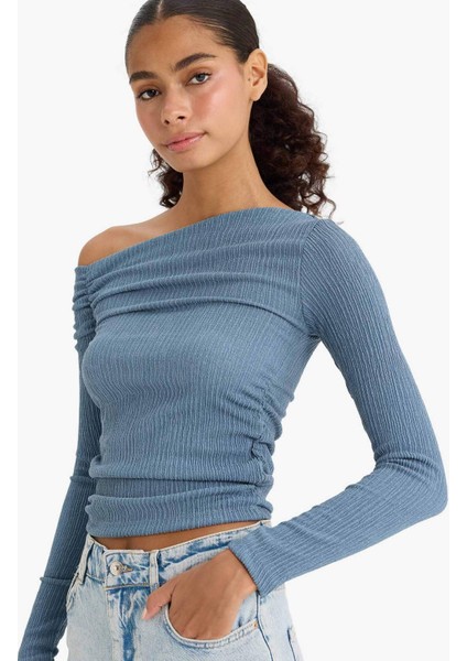 Slim Fit Dar Kesim Tek Omuzlu Bürümcük Uzun Kollu Bluz F3934AX25AU