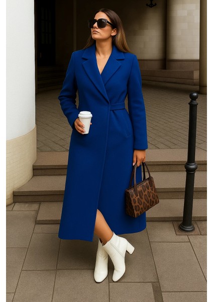 Kadın Kışlık Kuşaklı Uzun Kruvaze Mavi Kaşe Kaban