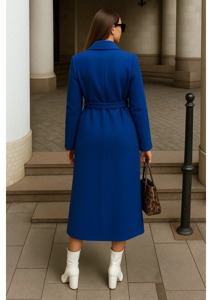 Kadın Kışlık Kuşaklı Uzun Kruvaze Mavi Kaşe Kaban modelleri