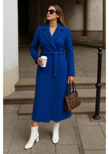 Kadın Kışlık Kuşaklı Uzun Kruvaze Mavi Kaşe Kaban indirimleri