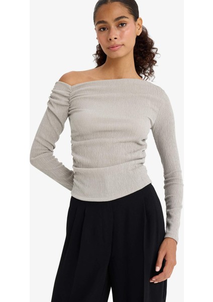 Slim Fit Dar Kesim Tek Omuzlu Bürümcük Uzun Kollu Bluz F3934AX25AU