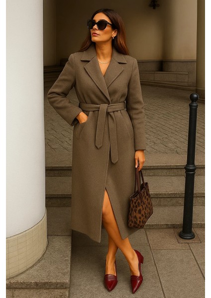 Kadın Kışlık Kuşaklı Uzun Kruvaze Vizon Kaşe Kaban