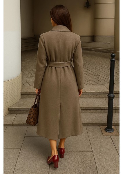 Kadın Kışlık Kuşaklı Uzun Kruvaze Vizon Kaşe Kaban