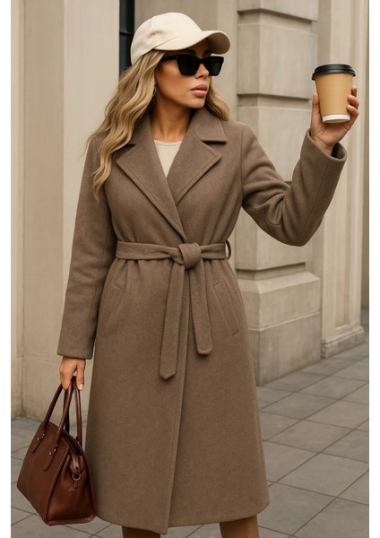 Kadın Kışlık Trend Kuşaklı Uzun Vizon Kaşe Kaban