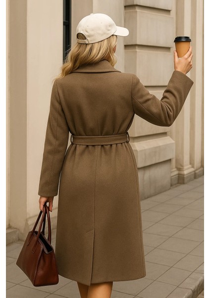 Kadın Kışlık Trend Kuşaklı Uzun Vizon Kaşe Kaban