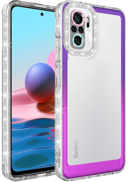 Xiaomi Redmi Note 10 Kılıf Simli ve Renk Geçiş Tasarımlı Lens Korumalı Mbvo Park Kapak-Mor-Pembe