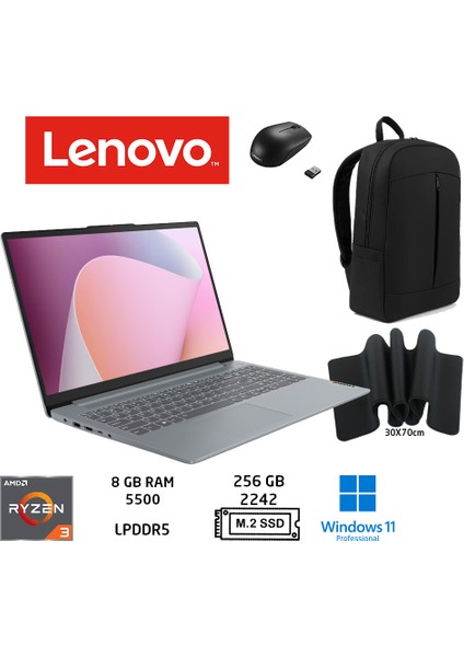 Ideapad Slim 3 Ryzen 3 7320U 8gb 256GB SSD 15.6" Fhd W11PRO Dizüstü Bilgisayar 82XQ00JGTX Duddi Çanta+Mouse+MousePad