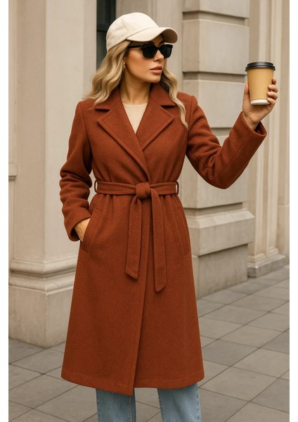 Kadın Kışlık Trend Kuşaklı Uzun Kiremit Kaşe Kaban