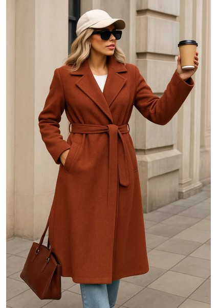 Kadın Kışlık Trend Kuşaklı Uzun Kiremit Kaşe Kaban fiyatları