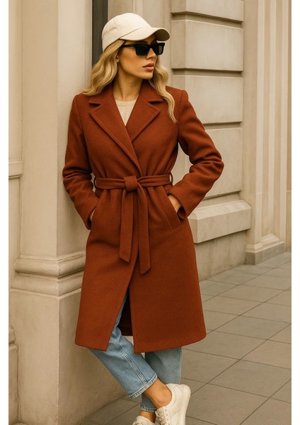 Kadın Kışlık Trend Kuşaklı Uzun Kiremit Kaşe Kaban modelleri