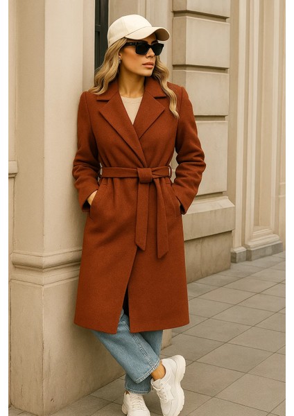 Kadın Kışlık Trend Kuşaklı Uzun Kiremit Kaşe Kaban fırsatları