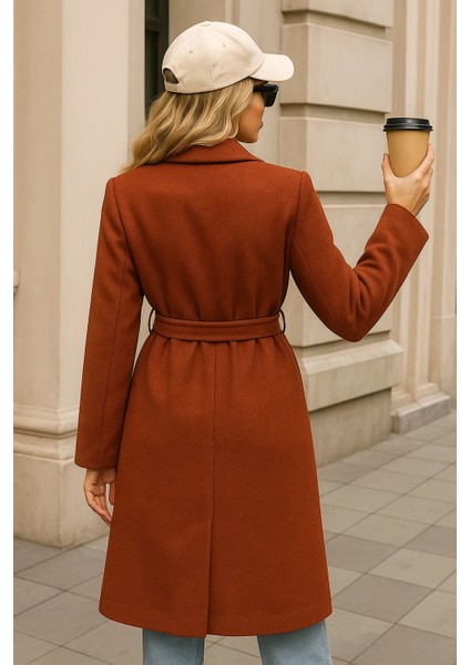 Kadın Kışlık Trend Kuşaklı Uzun Kiremit Kaşe Kaban indirimleri