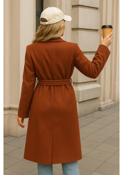 Kadın Kışlık Trend Kuşaklı Uzun Kiremit Kaşe Kaban