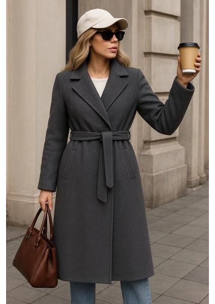 Kadın Kışlık Trend Kuşaklı Uzun Füme Kaşe Kaban fiyatları