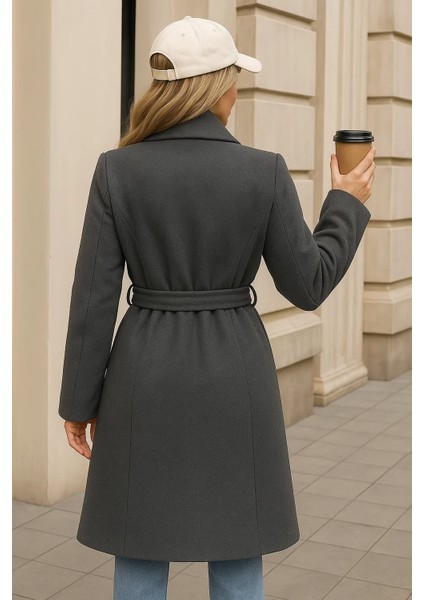 Kadın Kışlık Trend Kuşaklı Uzun Füme Kaşe Kaban