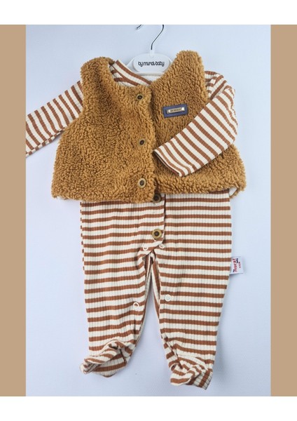 Asliva Erkek Bebek Peluş Yelekli Çizgili Pamuklu Patikli Tulum 2'li Takım (0-6 Ay) fiyatları