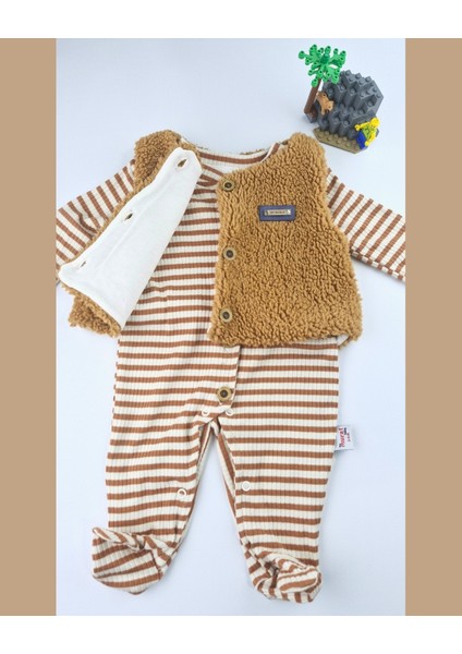 Asliva Erkek Bebek Peluş Yelekli Çizgili Pamuklu Patikli Tulum 2'li Takım (0-6 Ay) modelleri