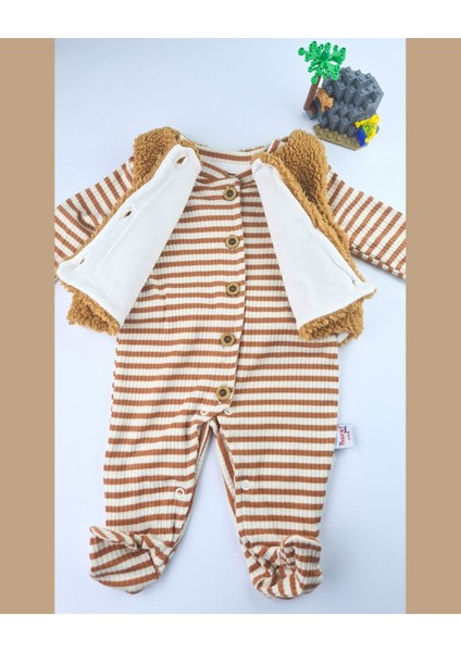 Asliva Erkek Bebek Peluş Yelekli Çizgili Pamuklu Patikli Tulum 2'li Takım (0-6 Ay) indirimleri