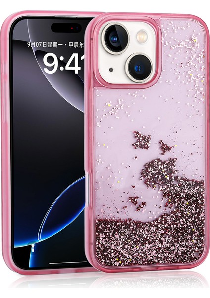 iPhone 15 Uyumlu Kılıf Sıvılı Simli Şeffaf Arka Yüzey Mbvo Keto Silikon Kapak-Pembe